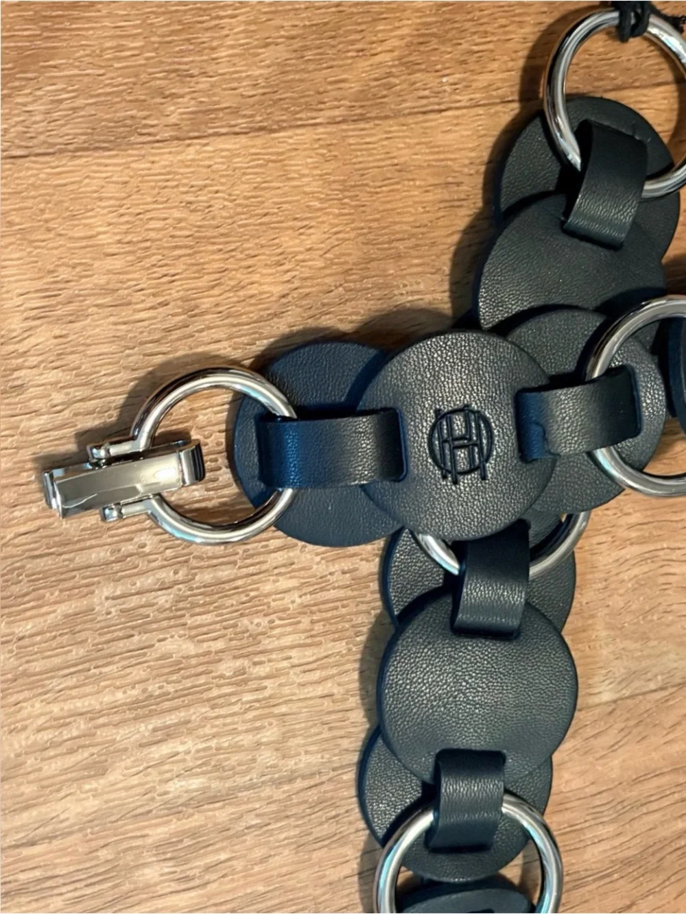 NWT House of Harlow 1960 Black Leather silver Disc Ring Link Belt Boho Size M/L